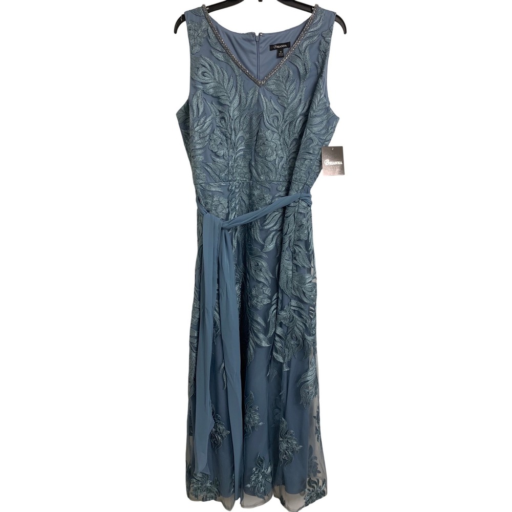 NWT Brianna Sea Breeze Blue Embroidered Mesh Gown V-Neck Formal Dress  16